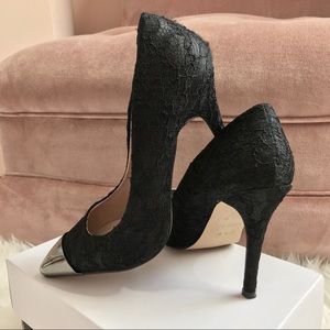 Black Lace And Chrome Pointed Toe Heel